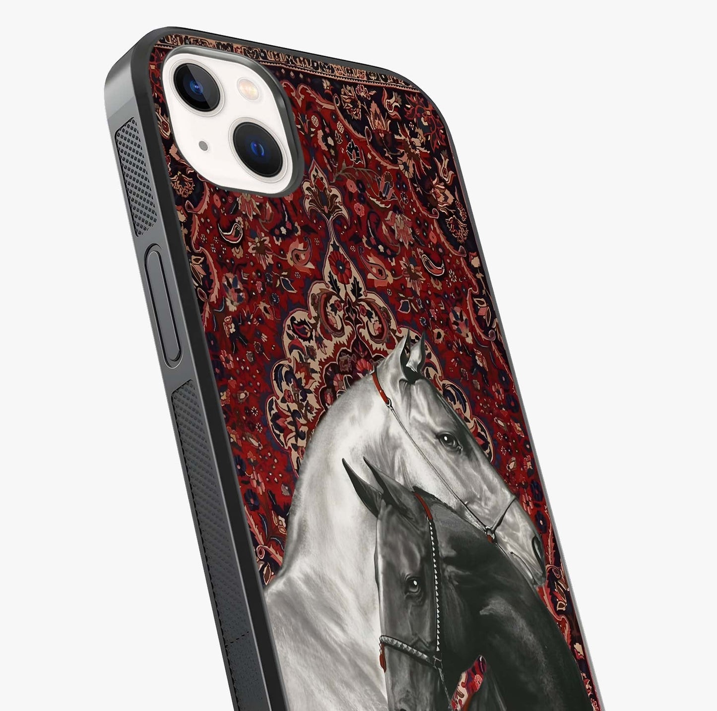 Regal Stallion Tapestry Glass Case captured at a warm angle highlighting gloss, texture and premium glass finish.