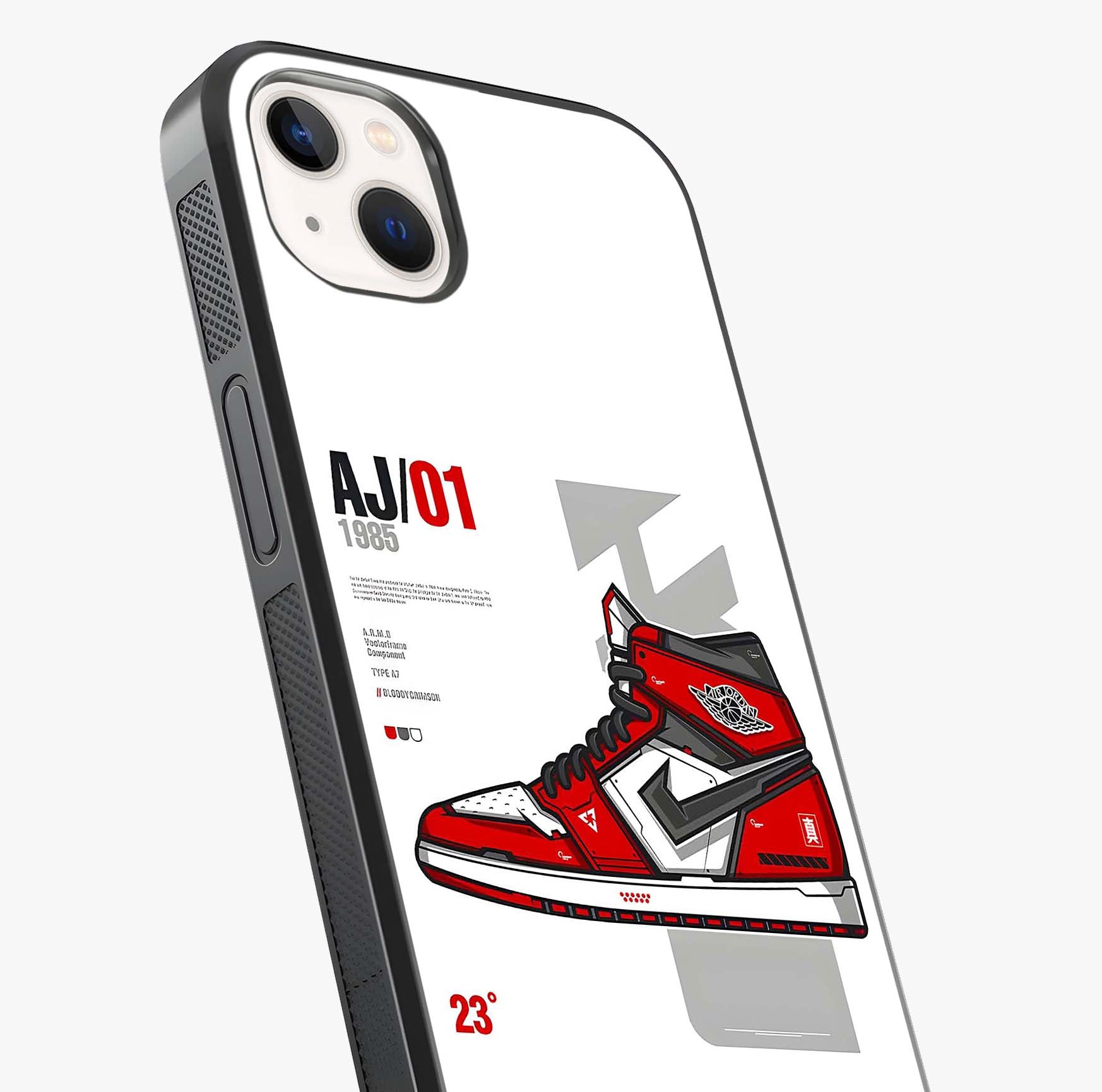 Retro Sneaker Blueprint Glass Case captured at a warm angle highlighting gloss, texture and premium glass finish.