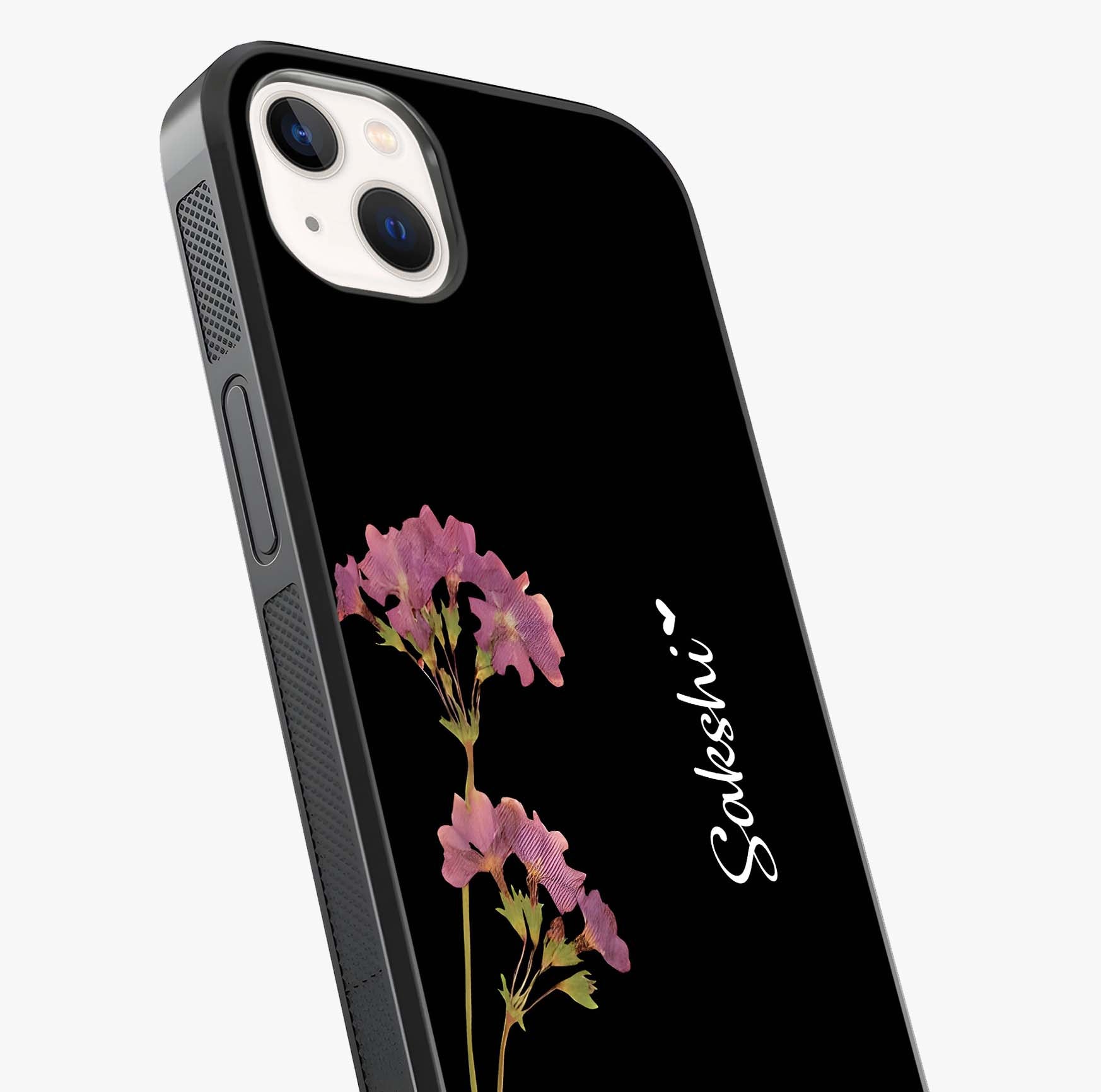 Riching Lavender Flower Custom Name Glass Case captured at a warm angle highlighting gloss, texture and premium glass finish.