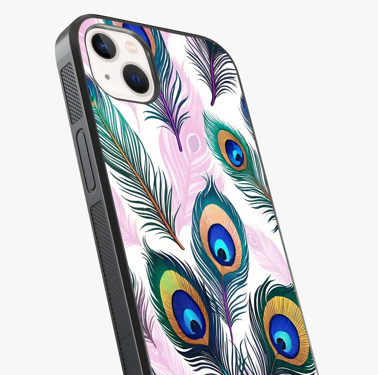 Royal Peacock Feathers Glass Case captured at a warm angle highlighting gloss, texture and premium glass finish.