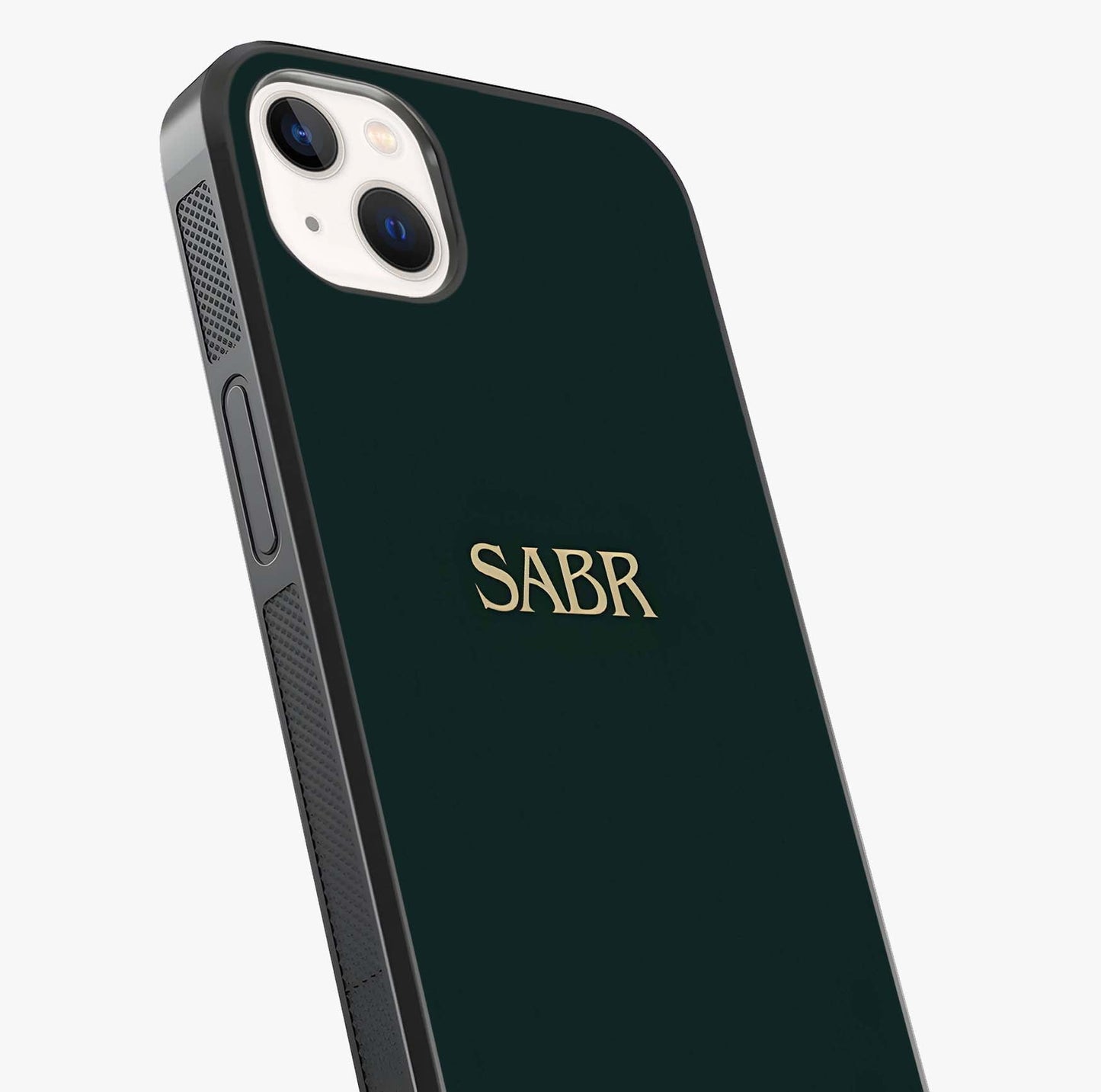 Sabr Minimal Patience Glass Case captured at a warm angle highlighting gloss, texture and premium glass finish.