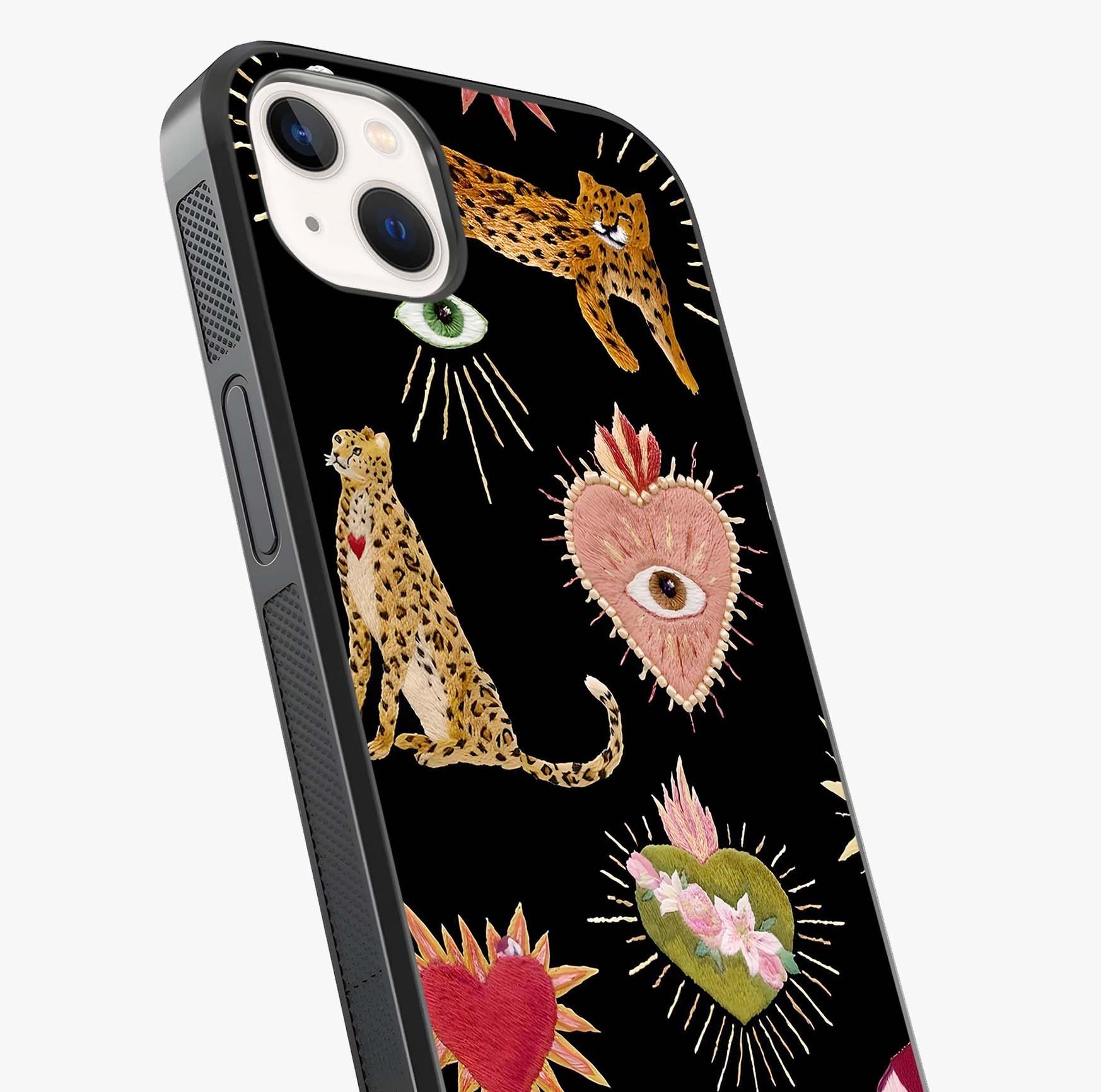 Sacred Jungle Heart Glass Case captured at a warm angle highlighting gloss, texture and premium glass finish.