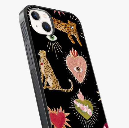 Sacred Jungle Heart Glass Case captured at a warm angle highlighting gloss, texture and premium glass finish.