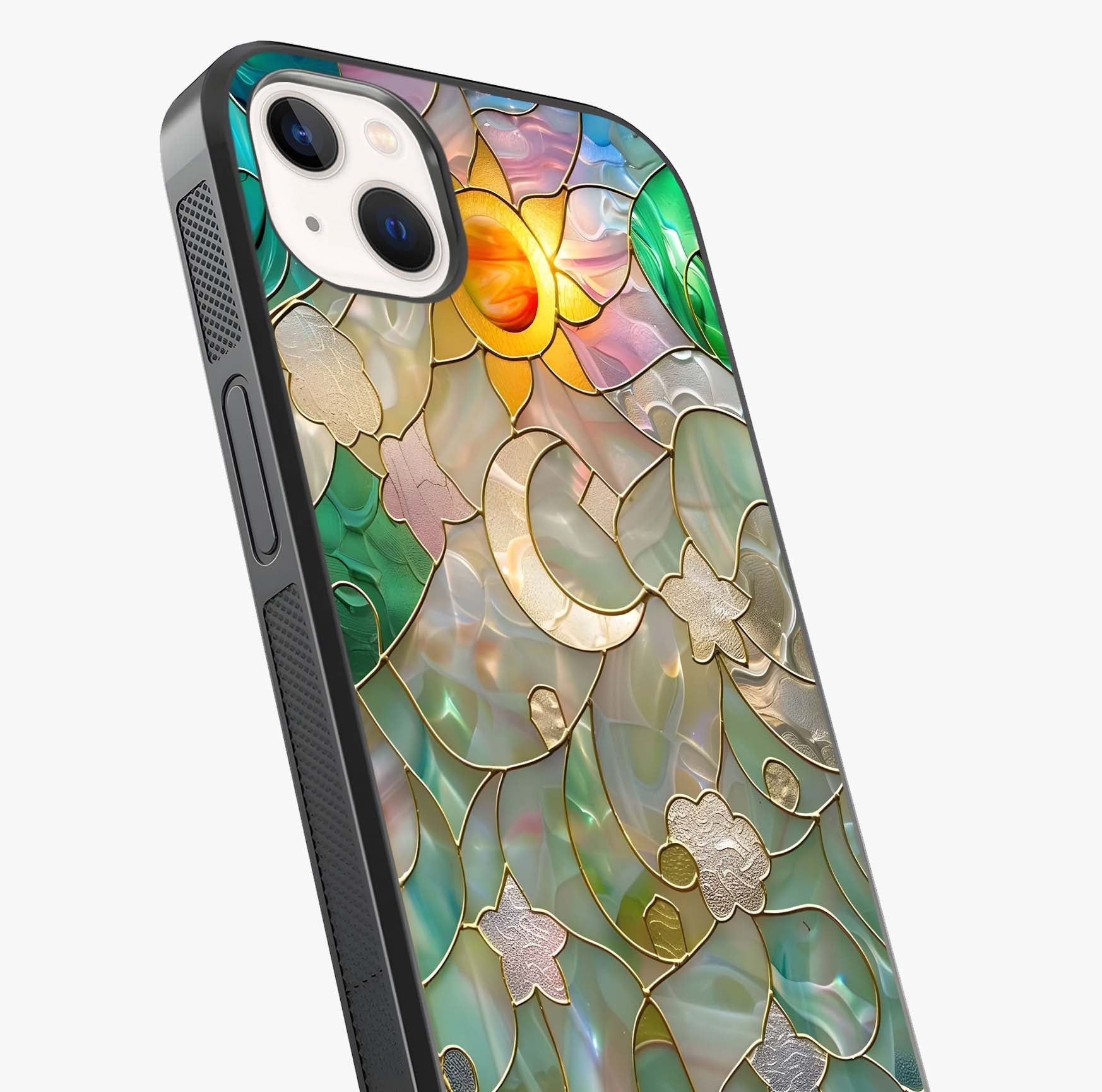 Stained Sunrise Glow Glass Case captured at a warm angle highlighting gloss, texture and premium glass finish.