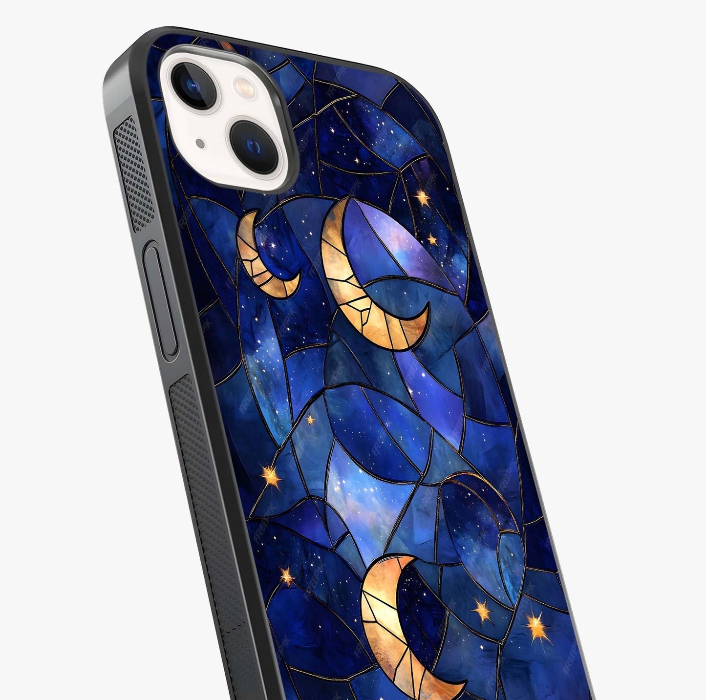 Starlit Sky Tapestry Glass Case captured at a warm angle highlighting gloss, texture and premium glass finish.