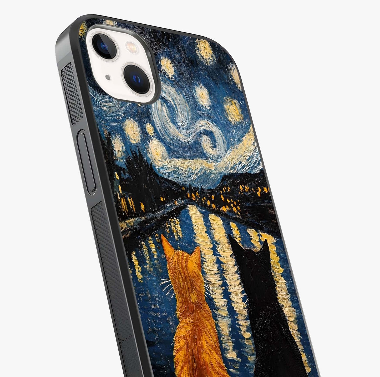 Starry River Cats Glass Case captured at a warm angle highlighting gloss, texture and premium glass finish.