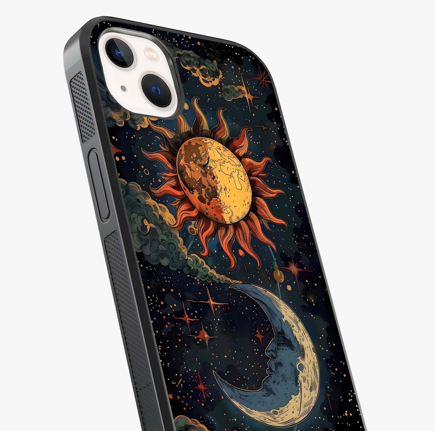 Sun And Moon Magic Design Glass Case captured at a warm angle highlighting gloss, texture and premium glass finish.