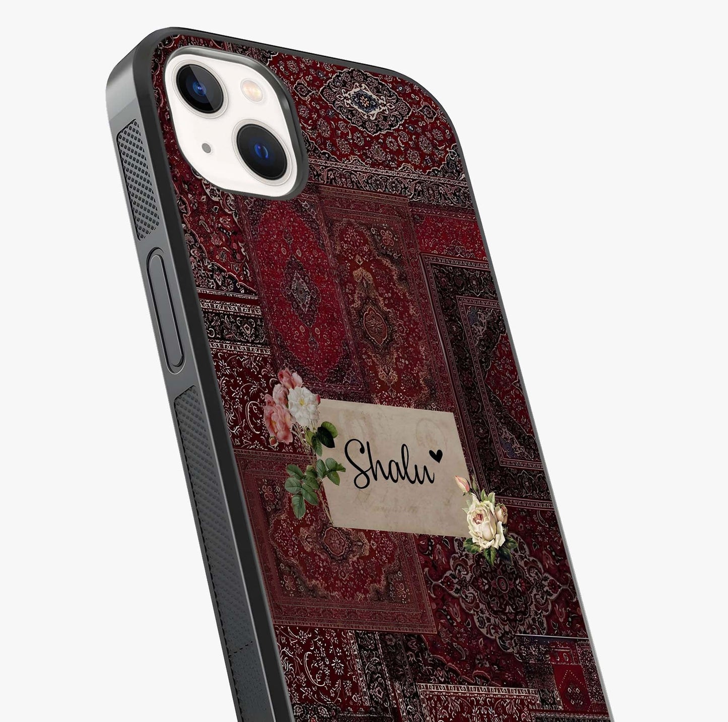 Velvet Wine Pattern Custom Name Glass Case captured at a warm angle highlighting gloss, texture and premium glass finish.