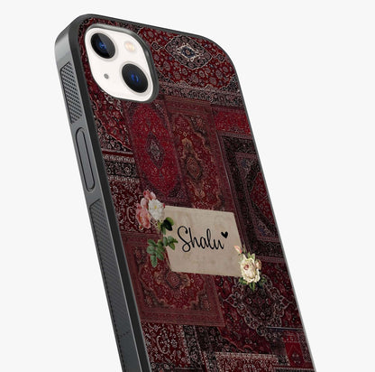 Velvet Wine Pattern Custom Name Glass Case captured at a warm angle highlighting gloss, texture and premium glass finish.