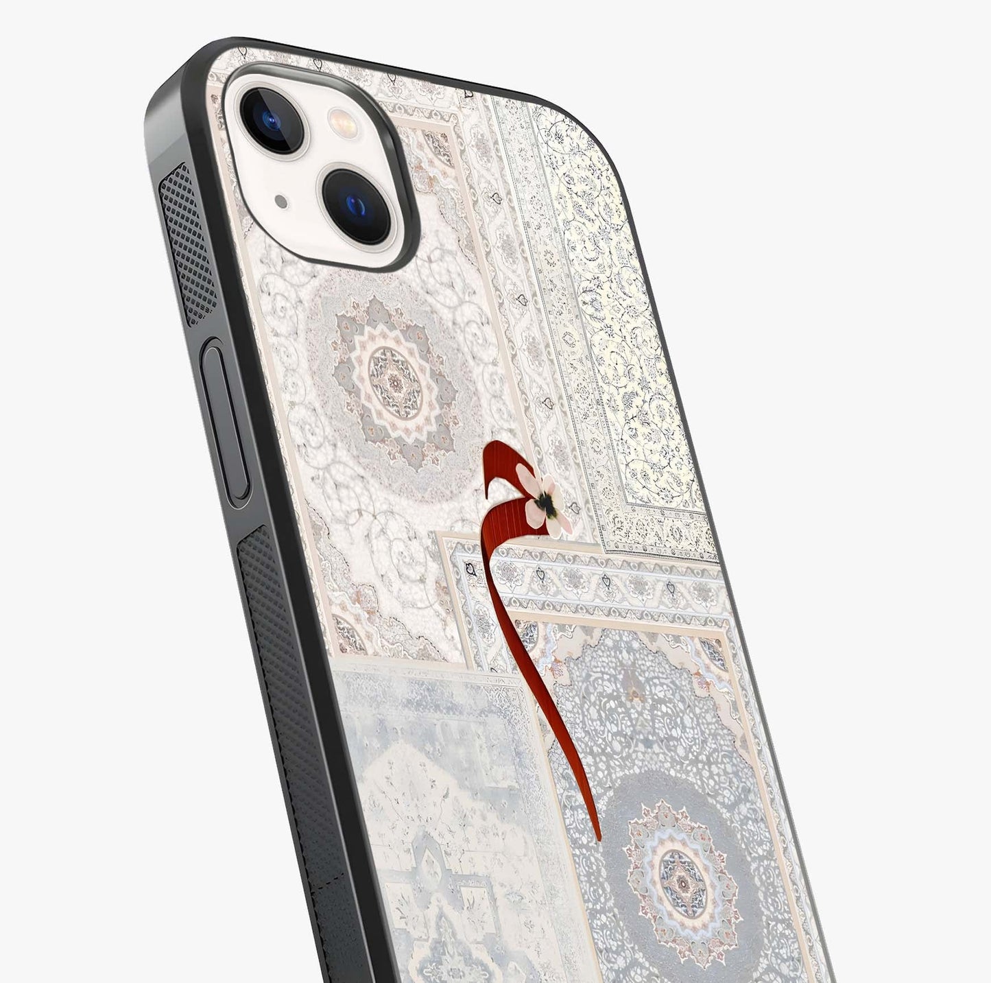 White Aesthetic Bow Glass Case captured at a warm angle highlighting gloss, texture and premium glass finish.
