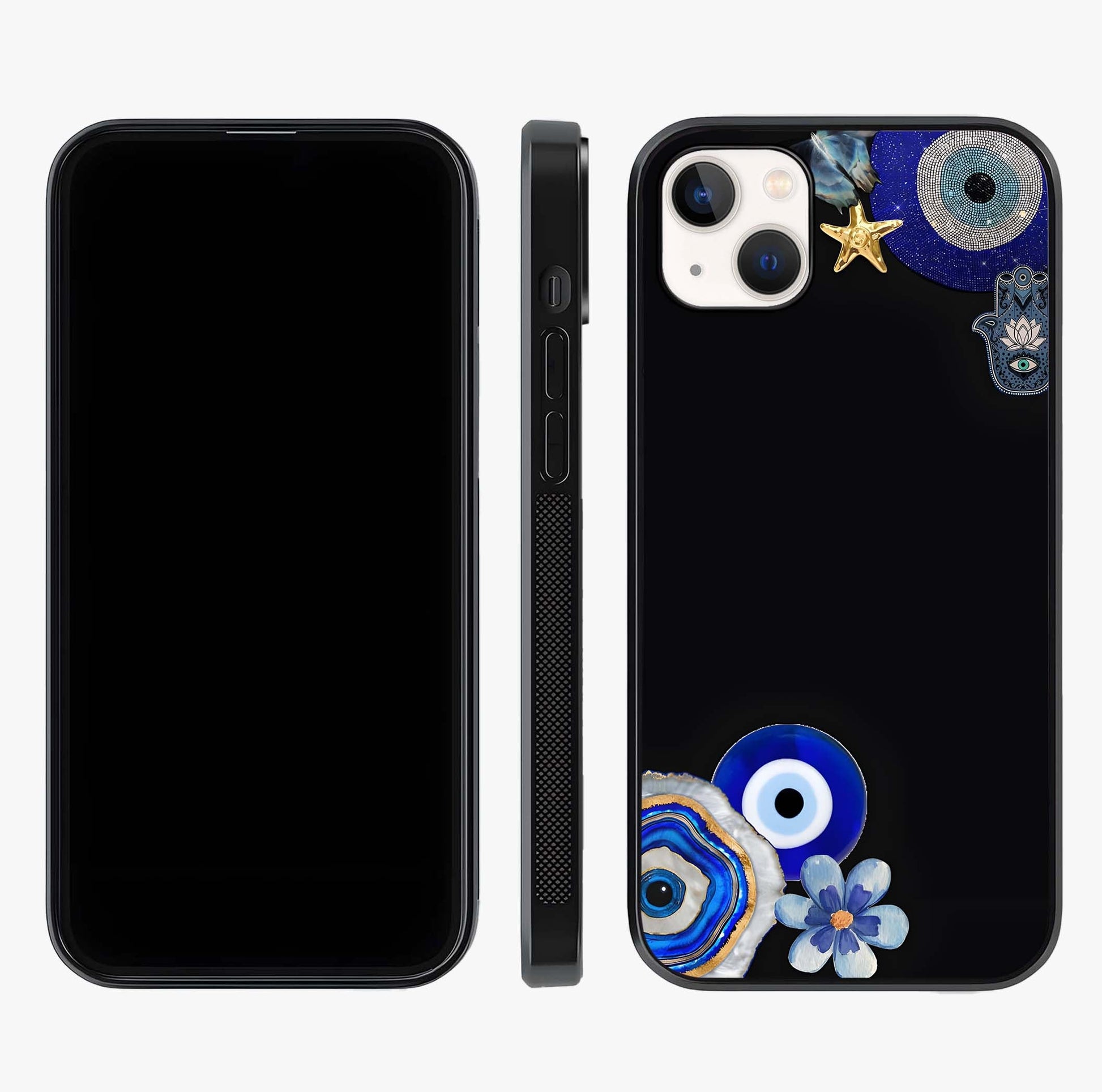 Aesthetic Blue Evil Eye Glass Case displayed upright for full design visibility and premium finish.