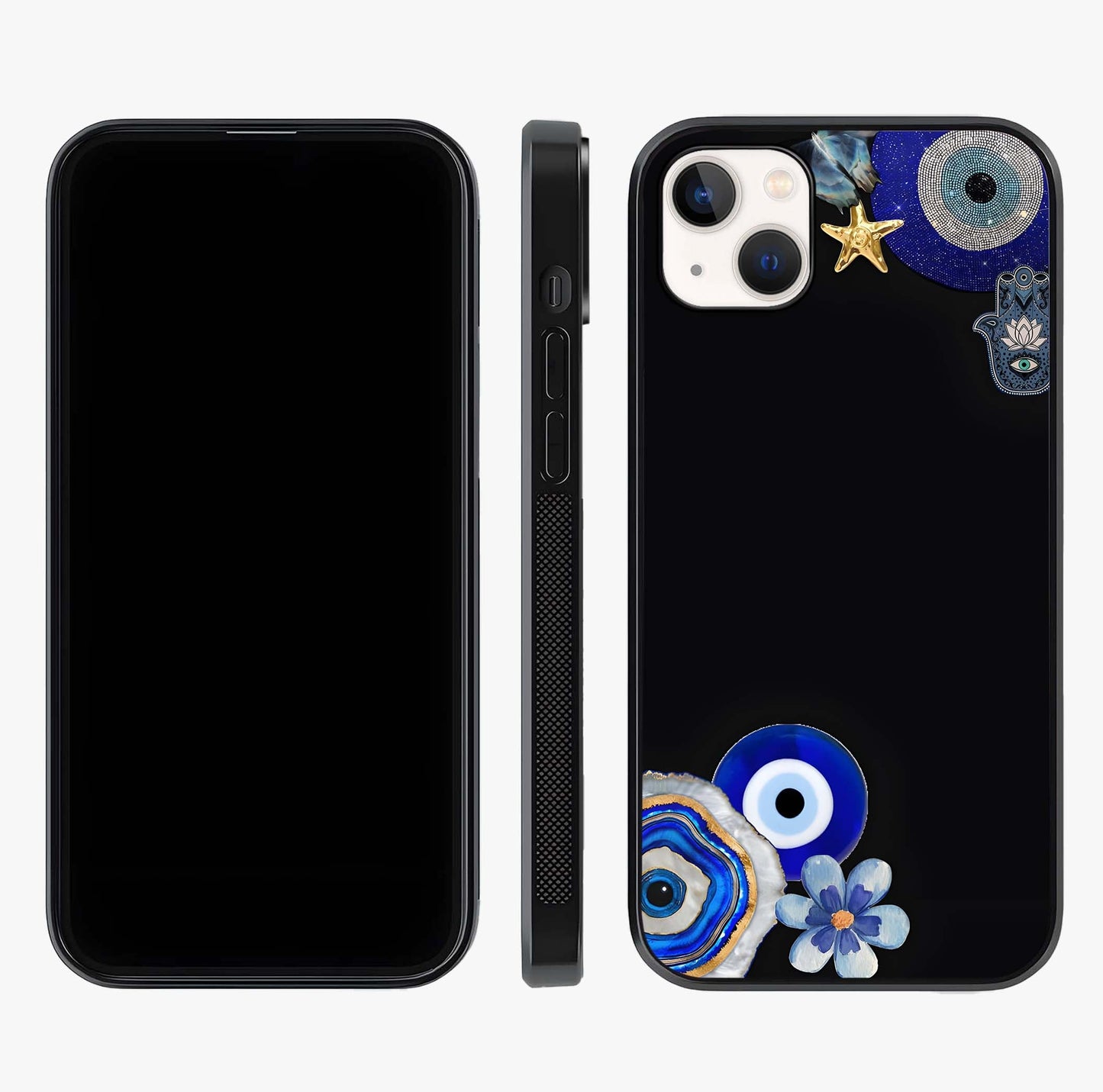Aesthetic Blue Evil Eye Glass Case displayed upright for full design visibility and premium finish.