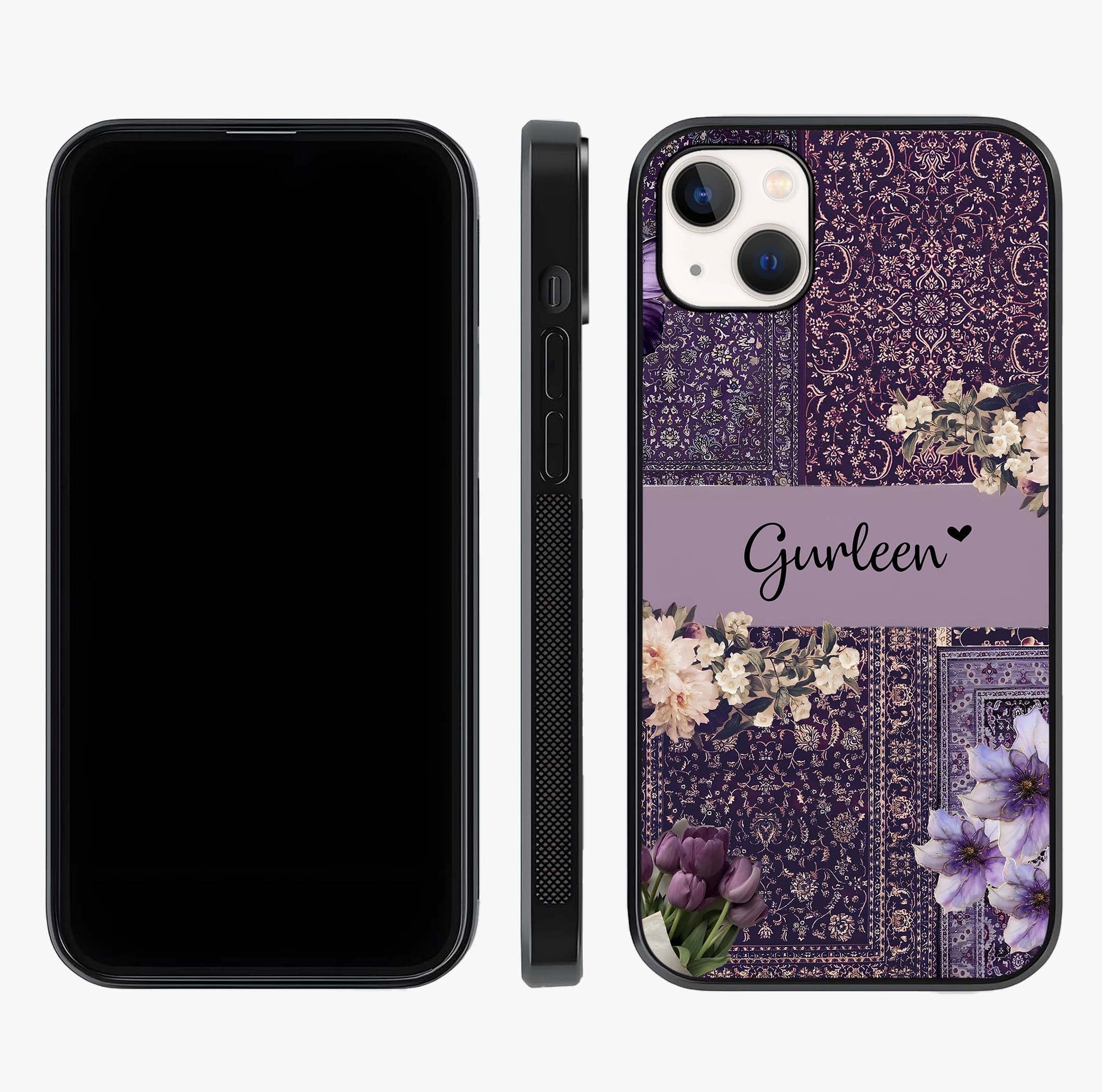 Antique Floral Whisper Custom Name Glass Case displayed upright for full design visibility and premium finish.
