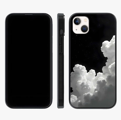 Black Background With White Cloud Glass Case displayed upright for full design visibility and premium finish.