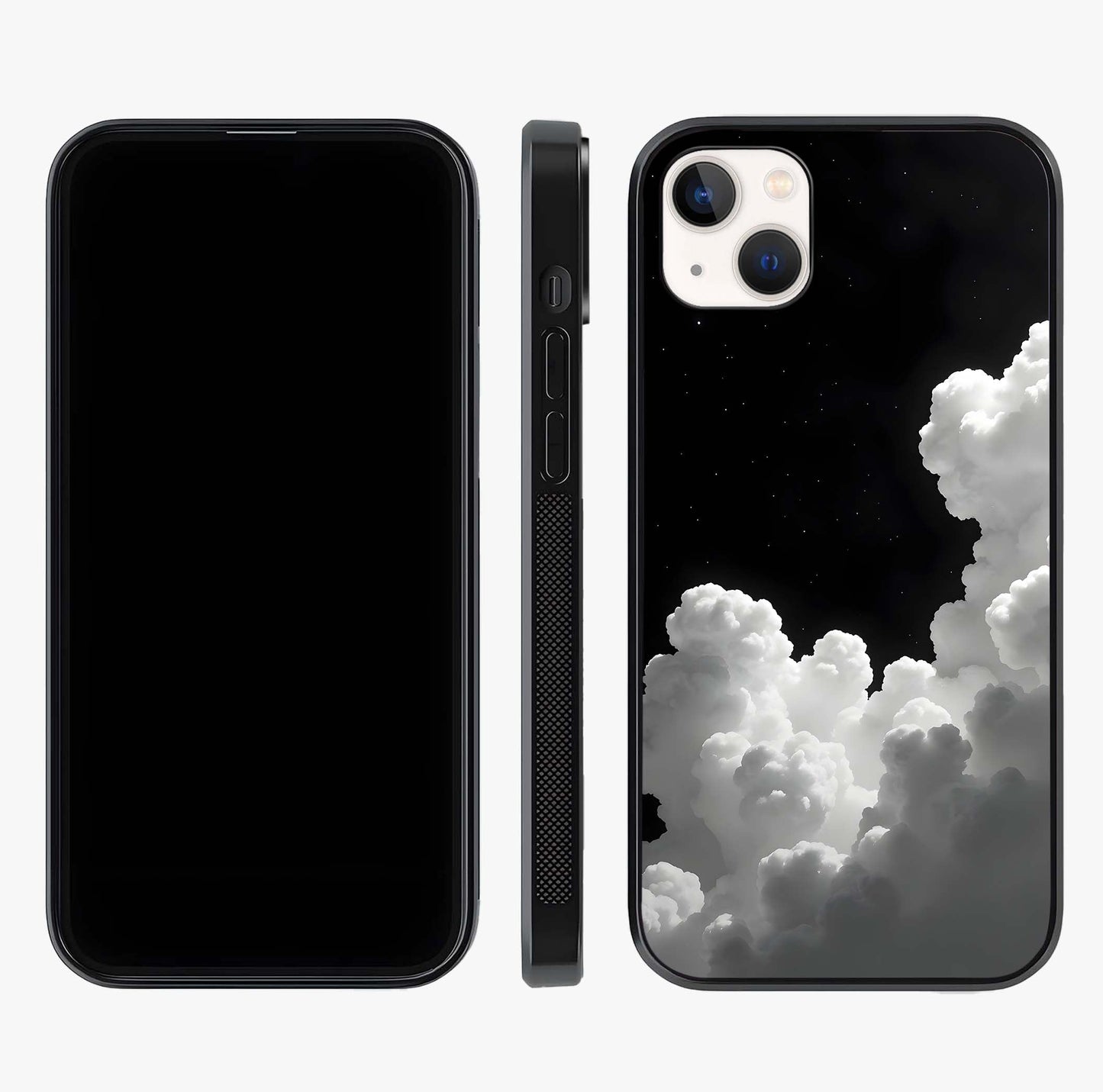 Black Background With White Cloud Glass Case displayed upright for full design visibility and premium finish.