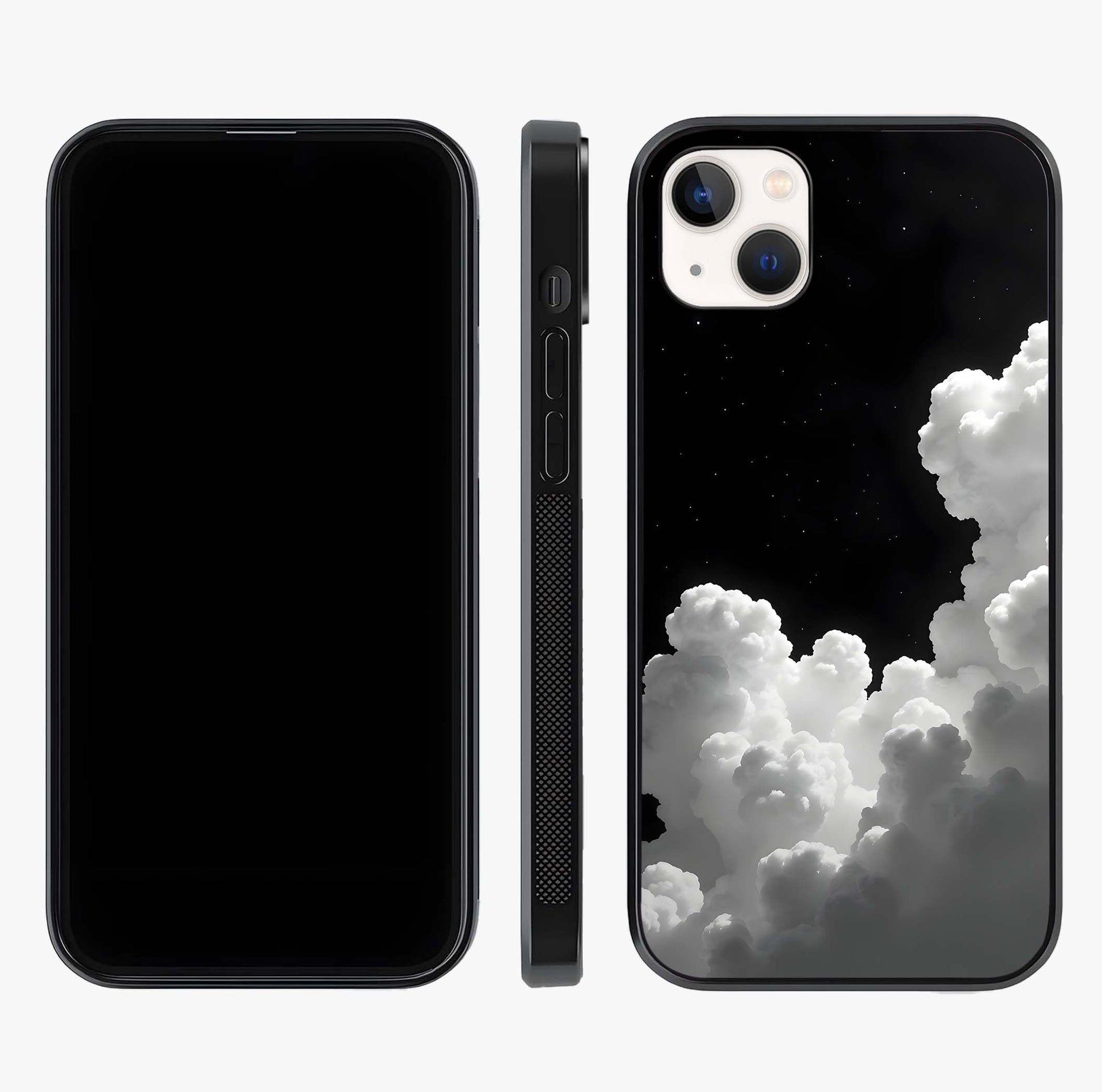 Black Background With White Cloud Glass Case displayed upright for full design visibility and premium finish.