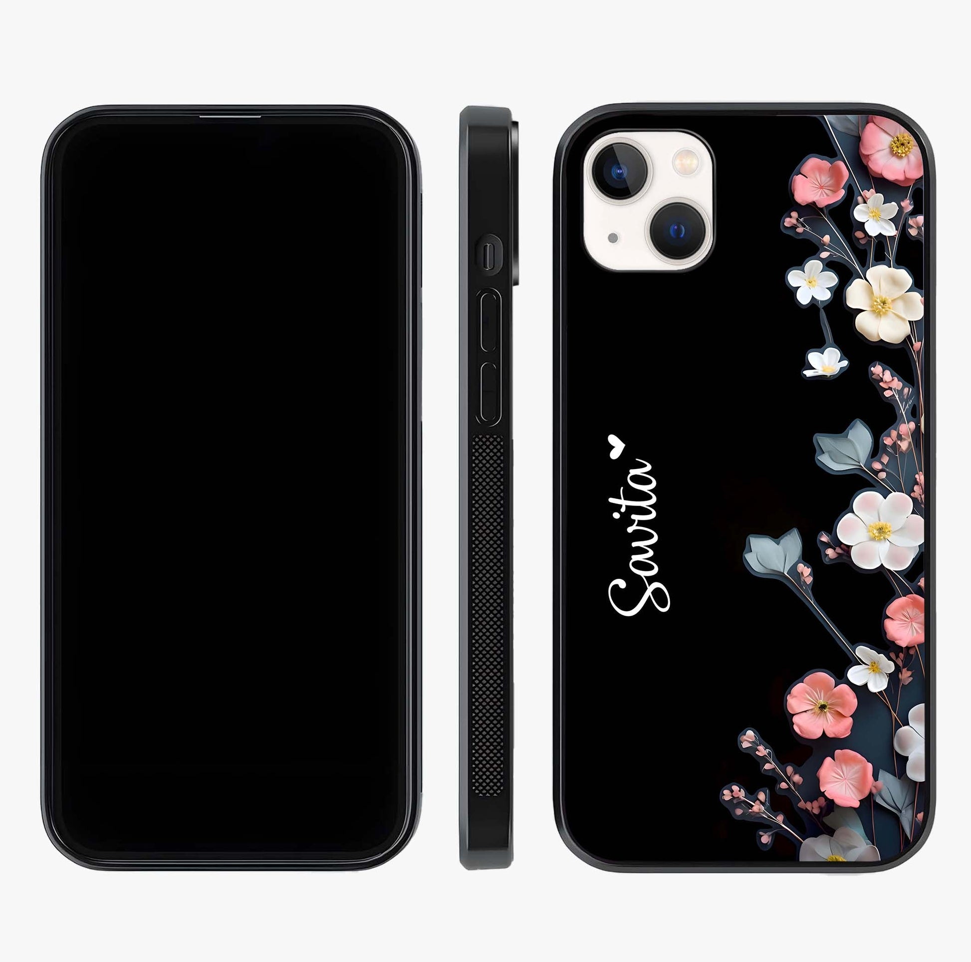Black Elegance Floral Custom Name Glass Case displayed upright for full design visibility and premium finish.