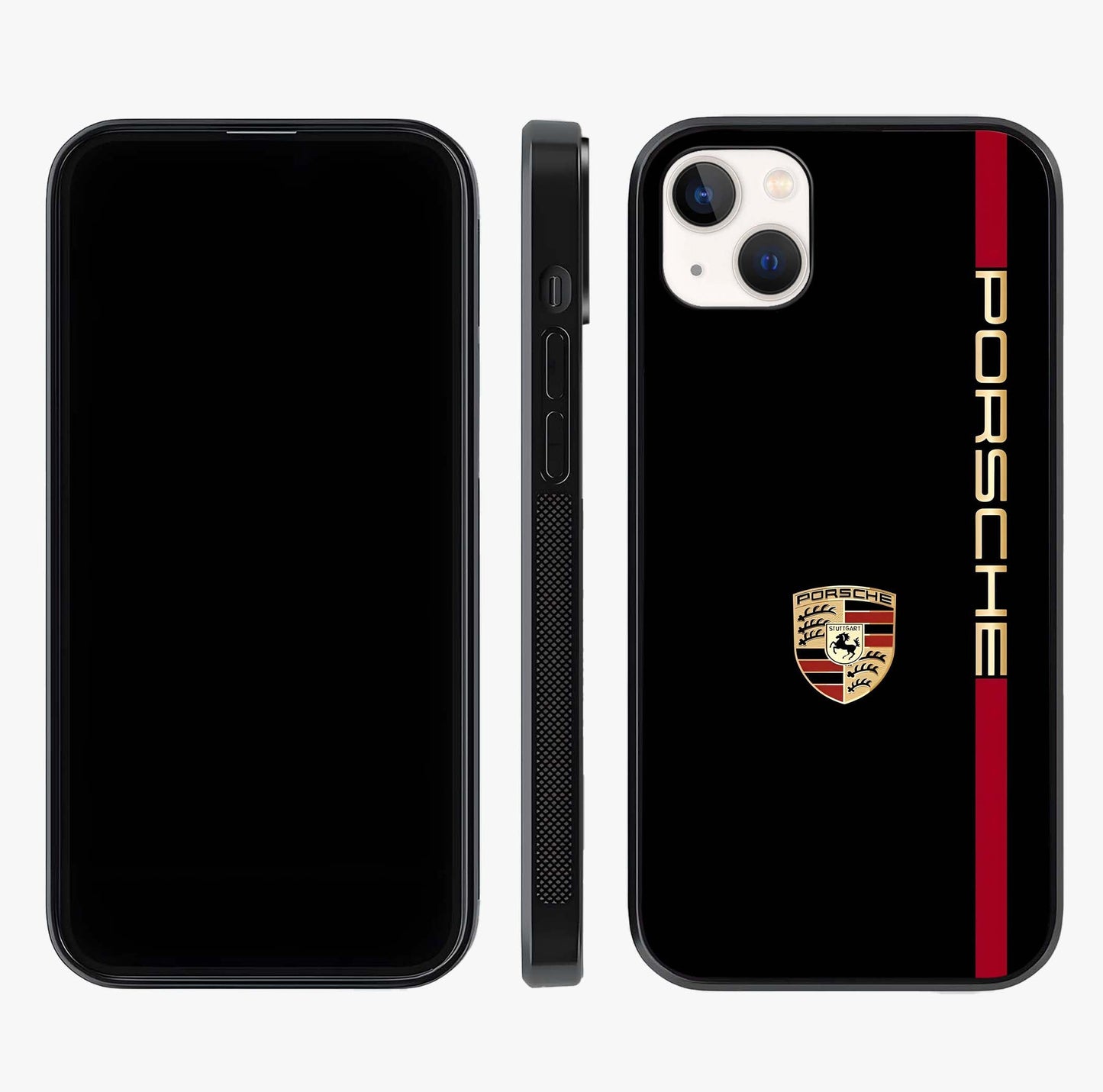 Black Minimal Porsche Glass Case displayed upright for full design visibility and premium finish.