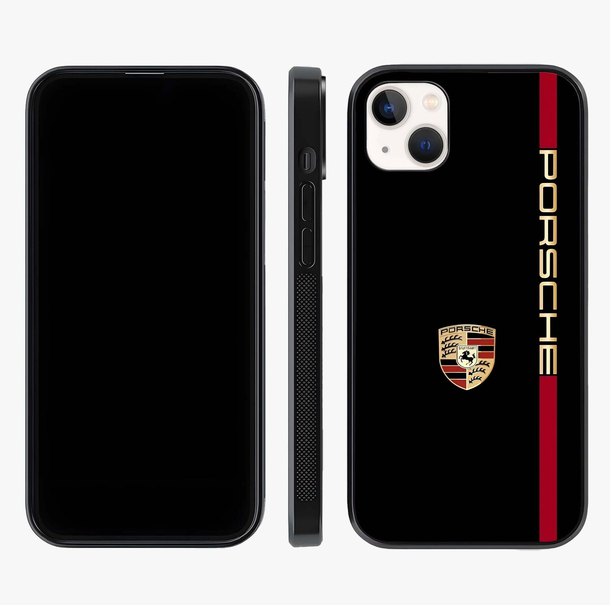Black Minimal Porsche Glass Case displayed upright for full design visibility and premium finish.
