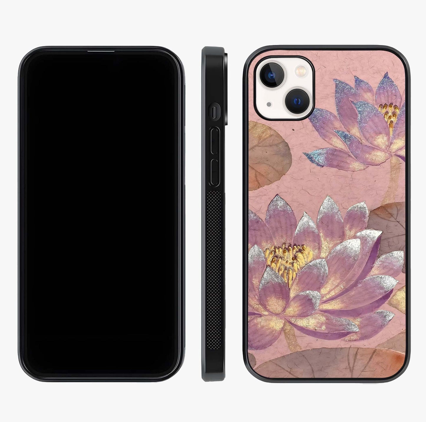Blossom Mist Lotus Glass Case displayed upright for full design visibility and premium finish.