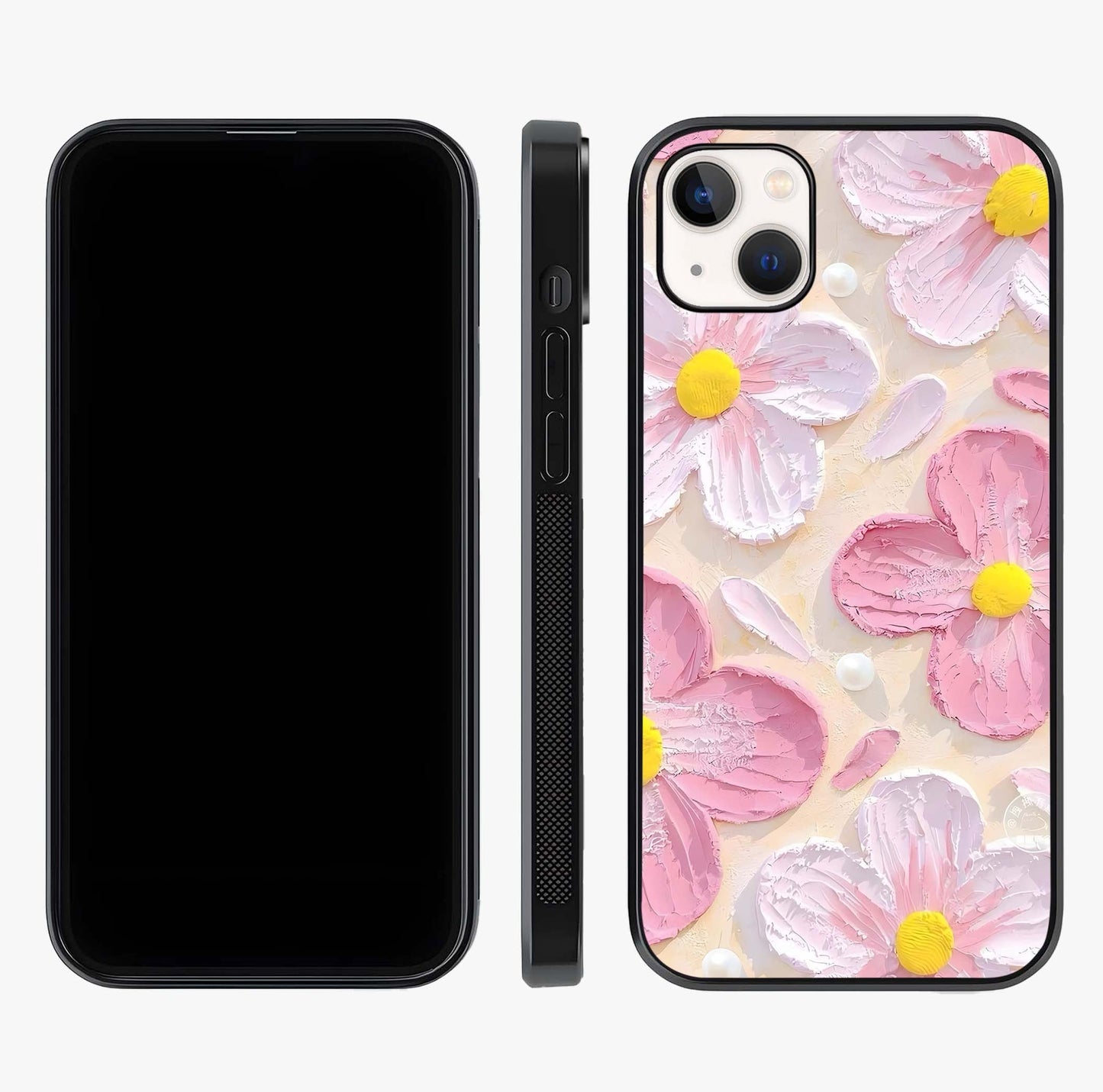 Blush Bloom Texture Glass Case displayed upright for full design visibility and premium finish.