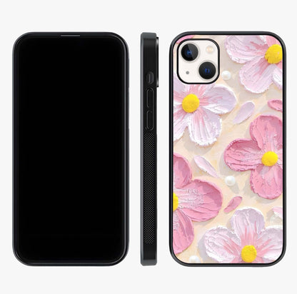 Blush Bloom Texture Glass Case displayed upright for full design visibility and premium finish.