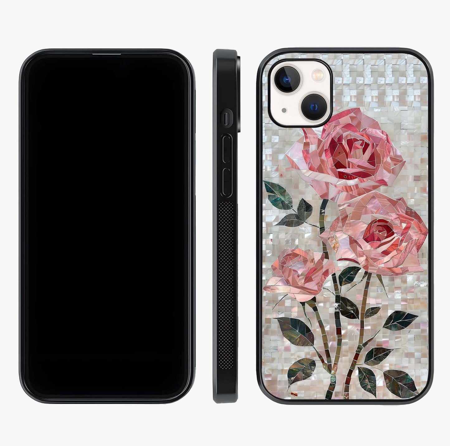 Blush Mosaic Bloom Glass Case displayed upright for full design visibility and premium finish.