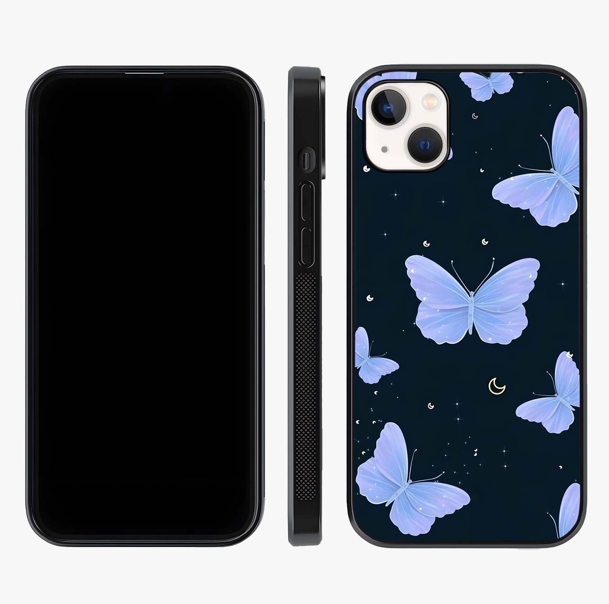 Butterfly With Stars Pattern Glass Case displayed upright for full design visibility and premium finish.
