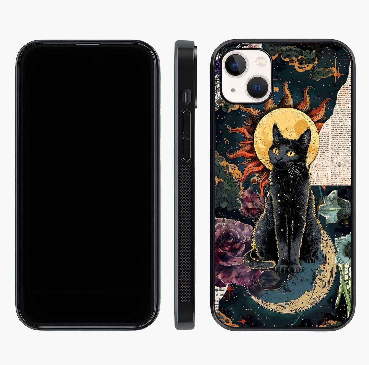 Celestial Black Cat Glass Case displayed upright for full design visibility and premium finish.