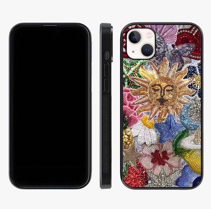 Celestial Floral And Playful Glass Case displayed upright for full design visibility and premium finish.