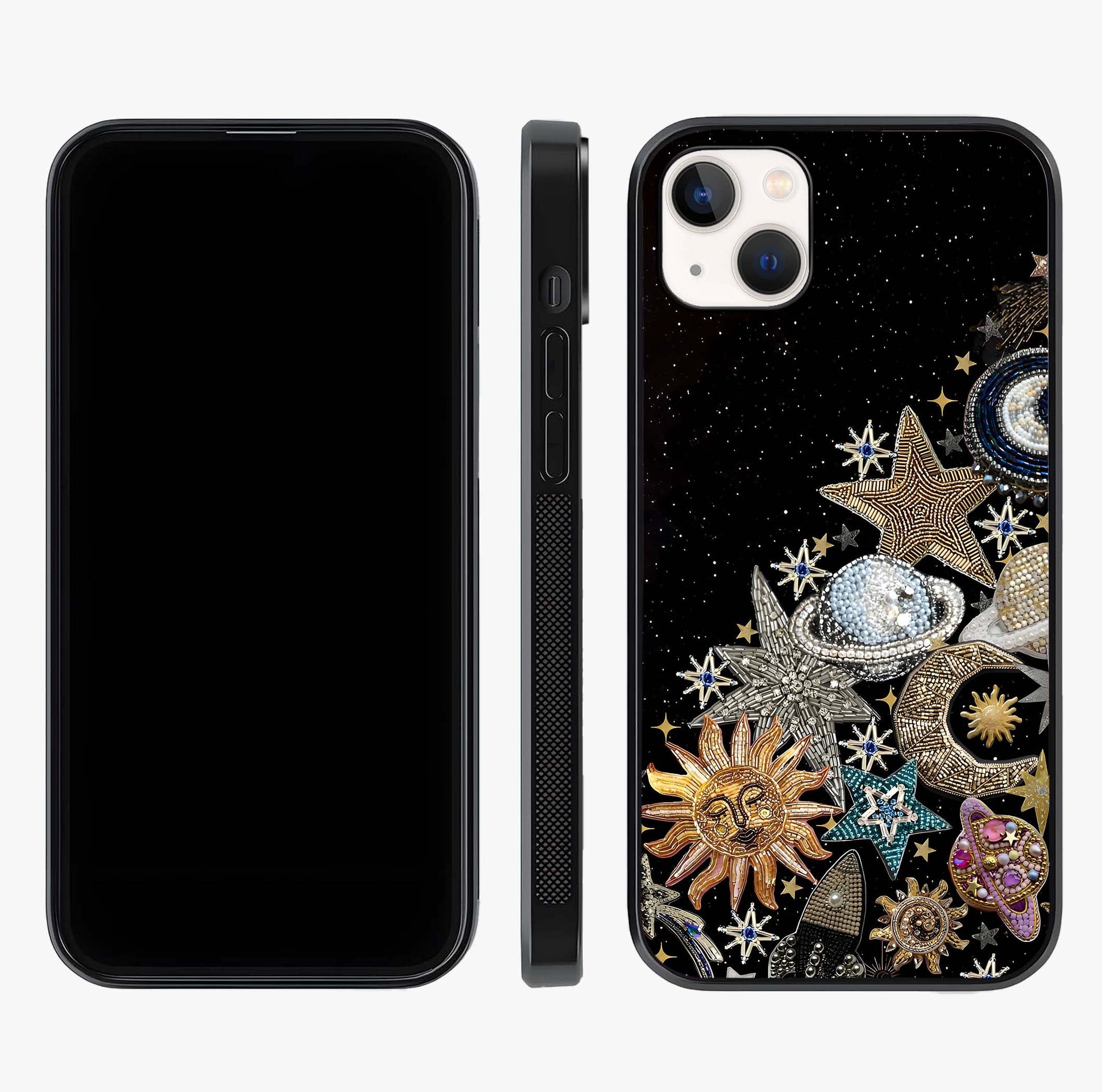 Cosmic Sparkle Dreams Glass Case displayed upright for full design visibility and premium finish.