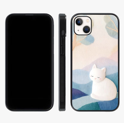 Cotton Dream Cat Glass Case displayed upright for full design visibility and premium finish.