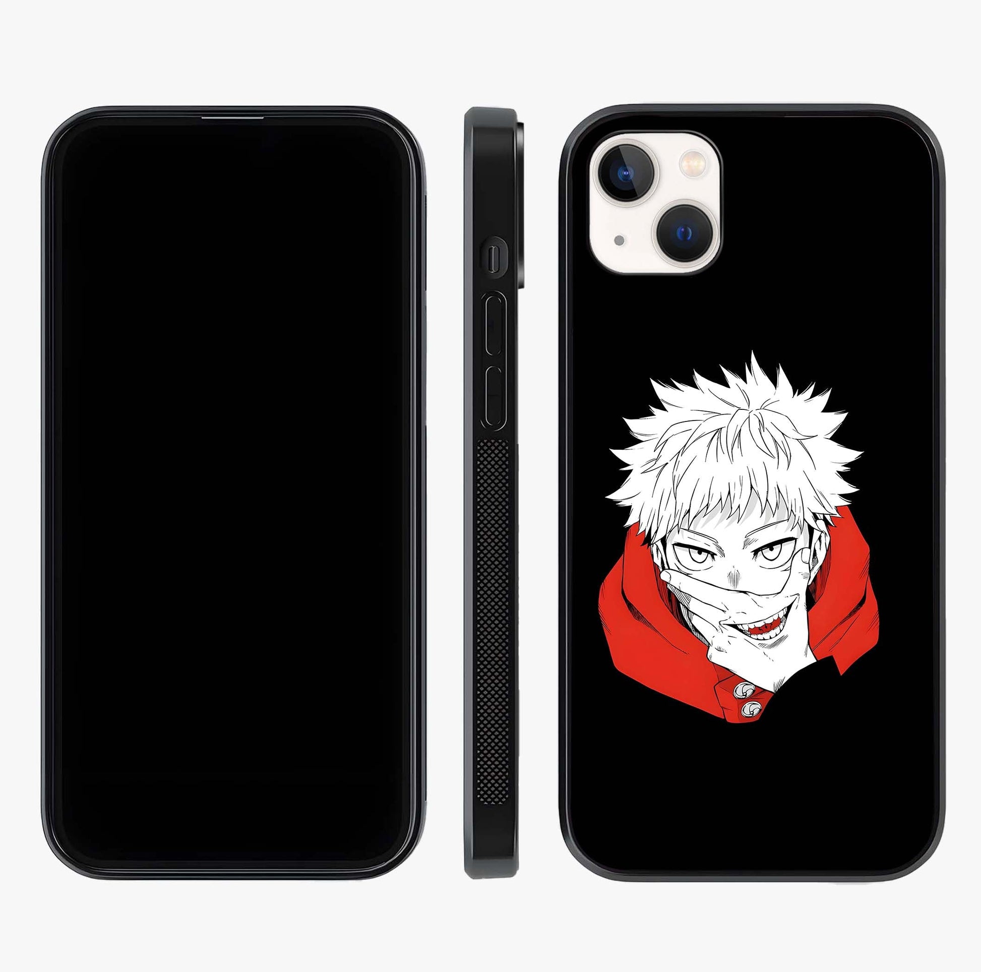 Crimson Chaos Smile Glass Case displayed upright for full design visibility and premium finish.