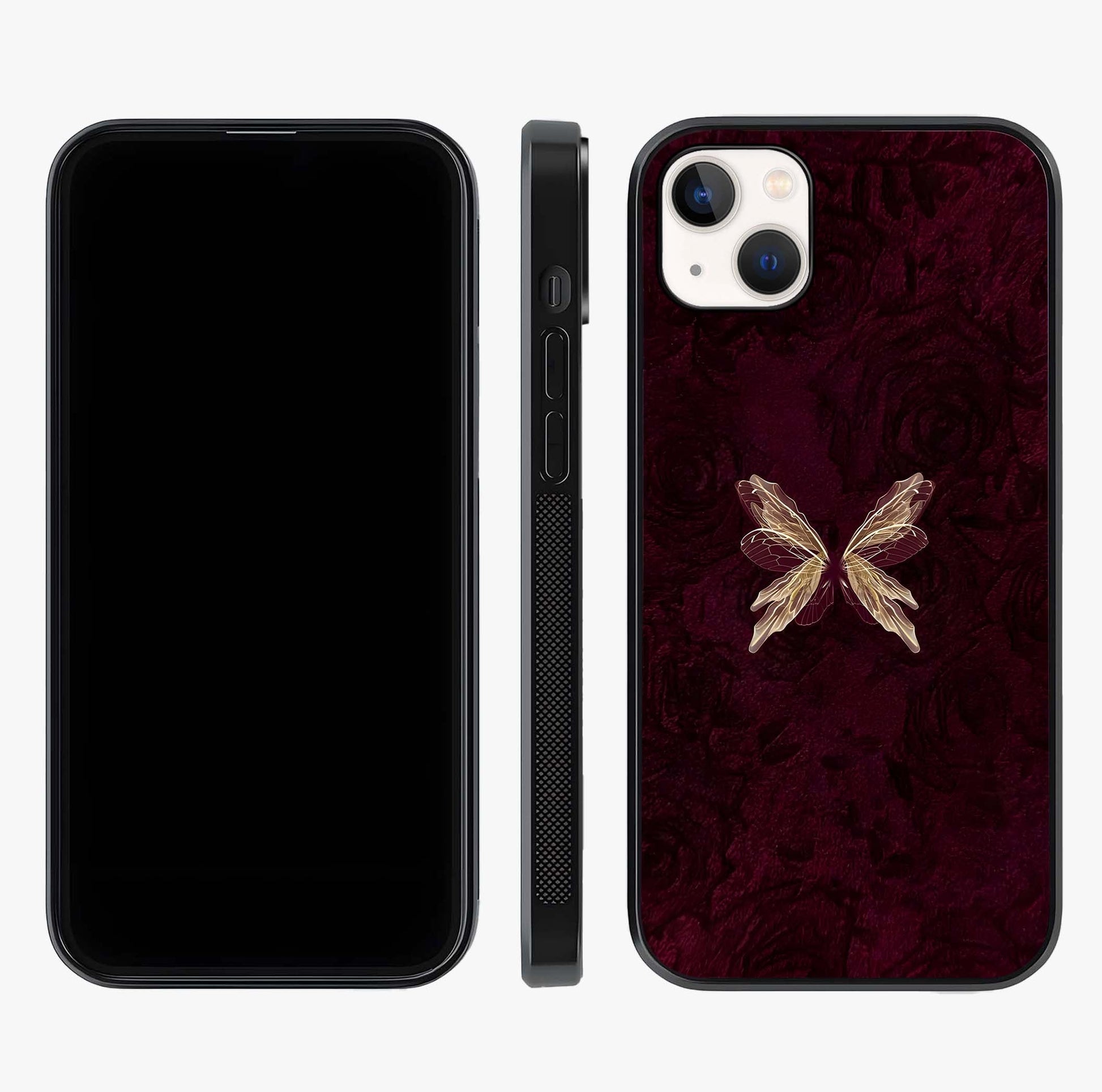 Crimson Fade Butterfly Glass Case displayed upright for full design visibility and premium finish.