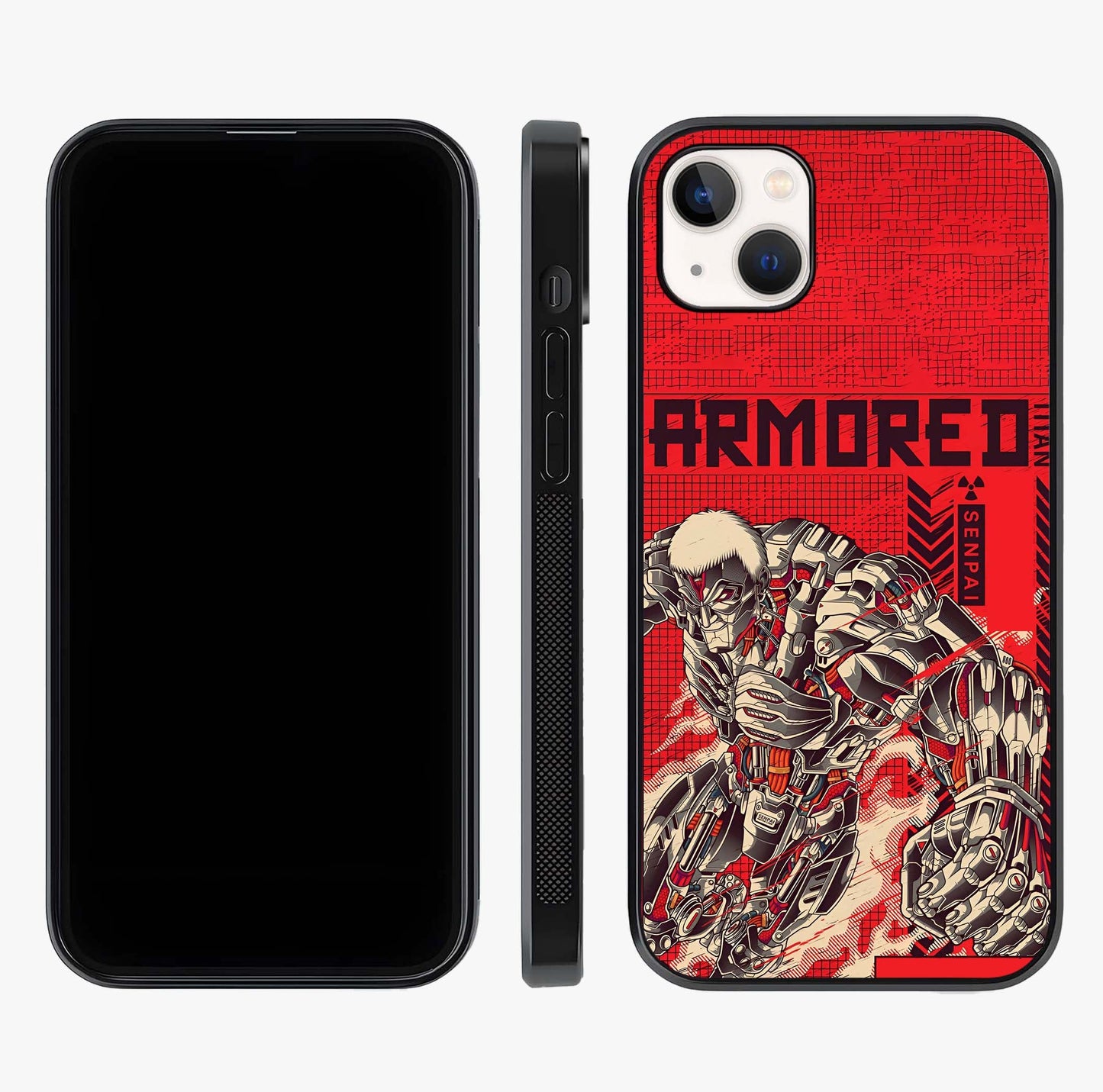 Crimson Mecha Titan Glass Case displayed upright for full design visibility and premium finish.