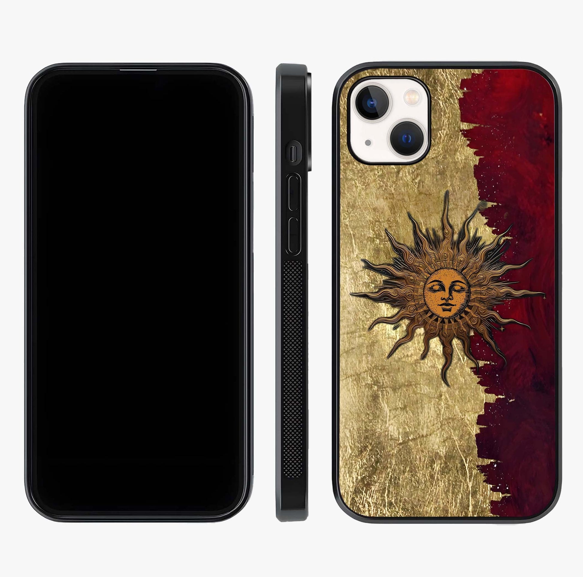 Crimson Sun Majesty Glass Case displayed upright for full design visibility and premium finish.