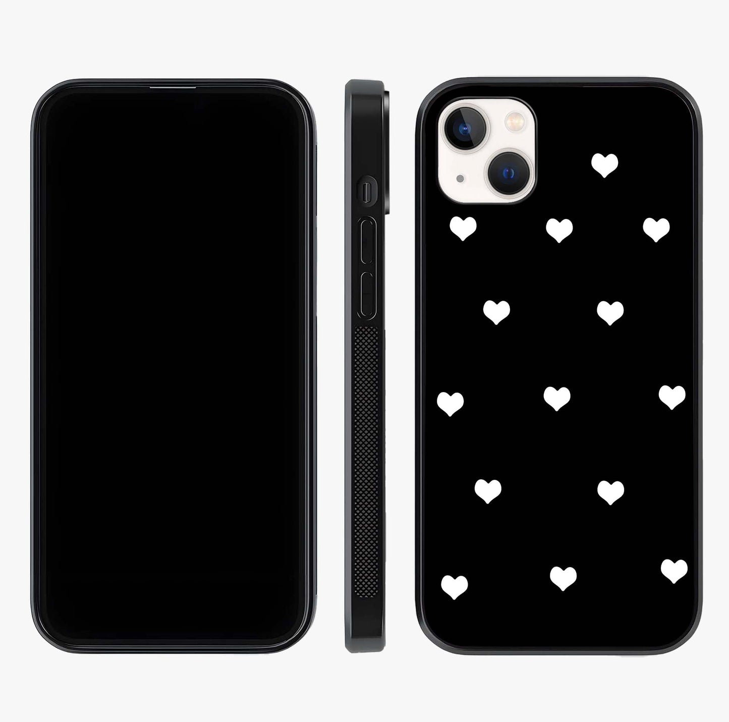 Cute And Simple White Hearts Glass Case displayed upright for full design visibility and premium finish.