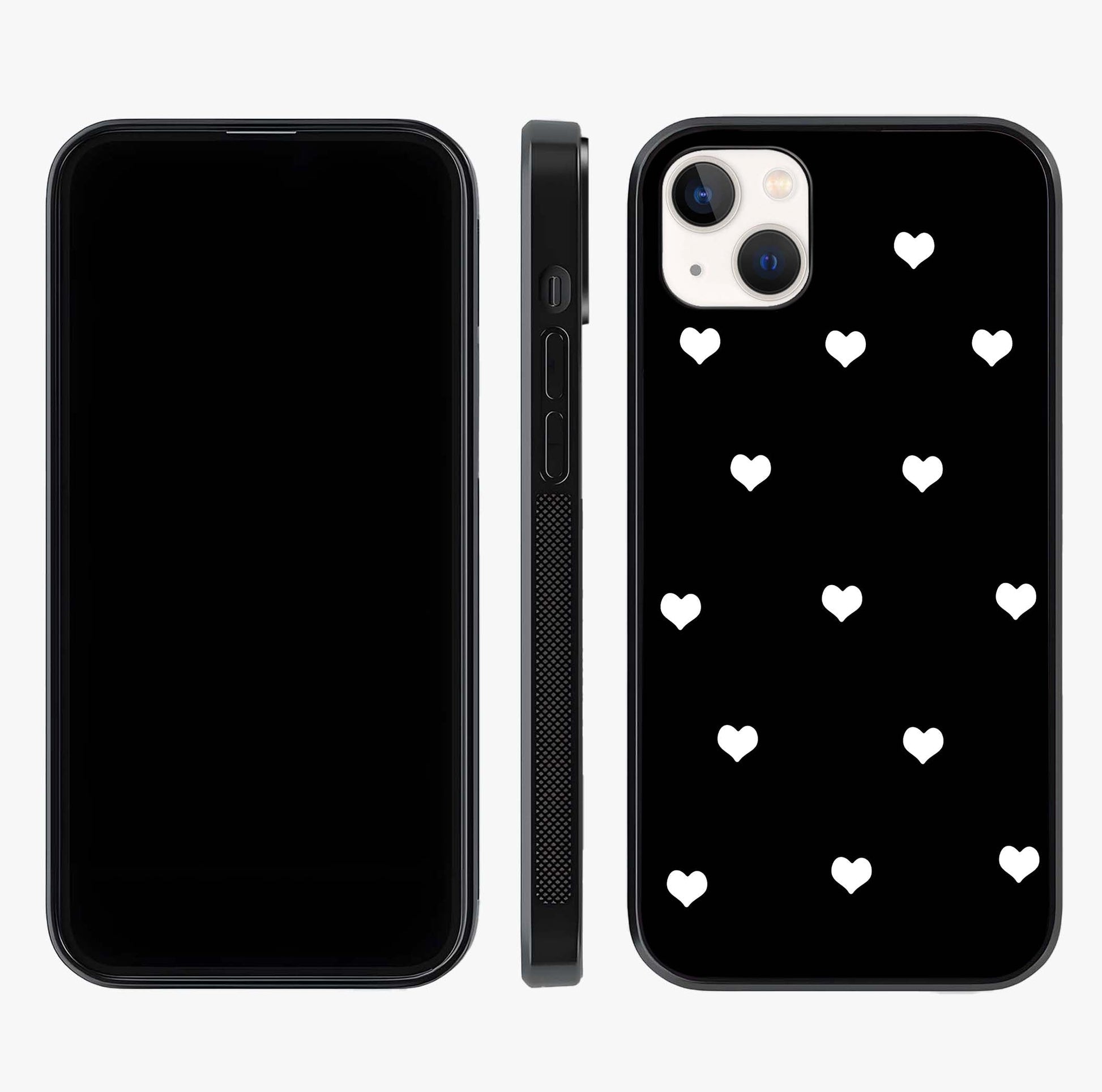 Cute And Simple White Hearts Glass Case displayed upright for full design visibility and premium finish.