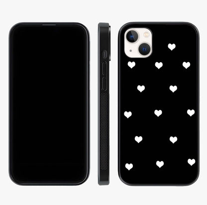 Cute And Simple White Hearts Glass Case displayed upright for full design visibility and premium finish.