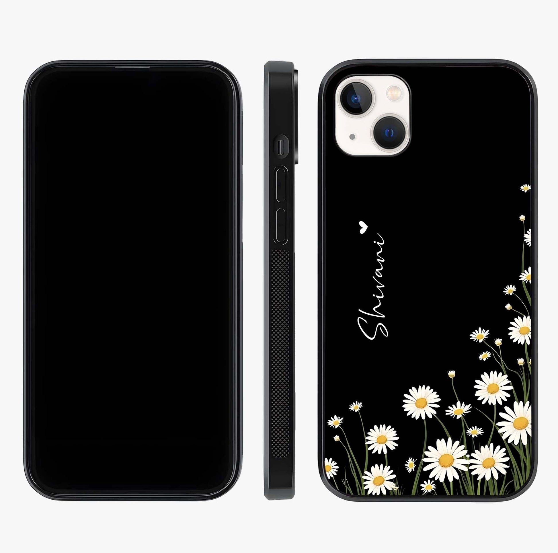 Daisy Cascade Custom Name Glass Case displayed upright for full design visibility and premium finish.