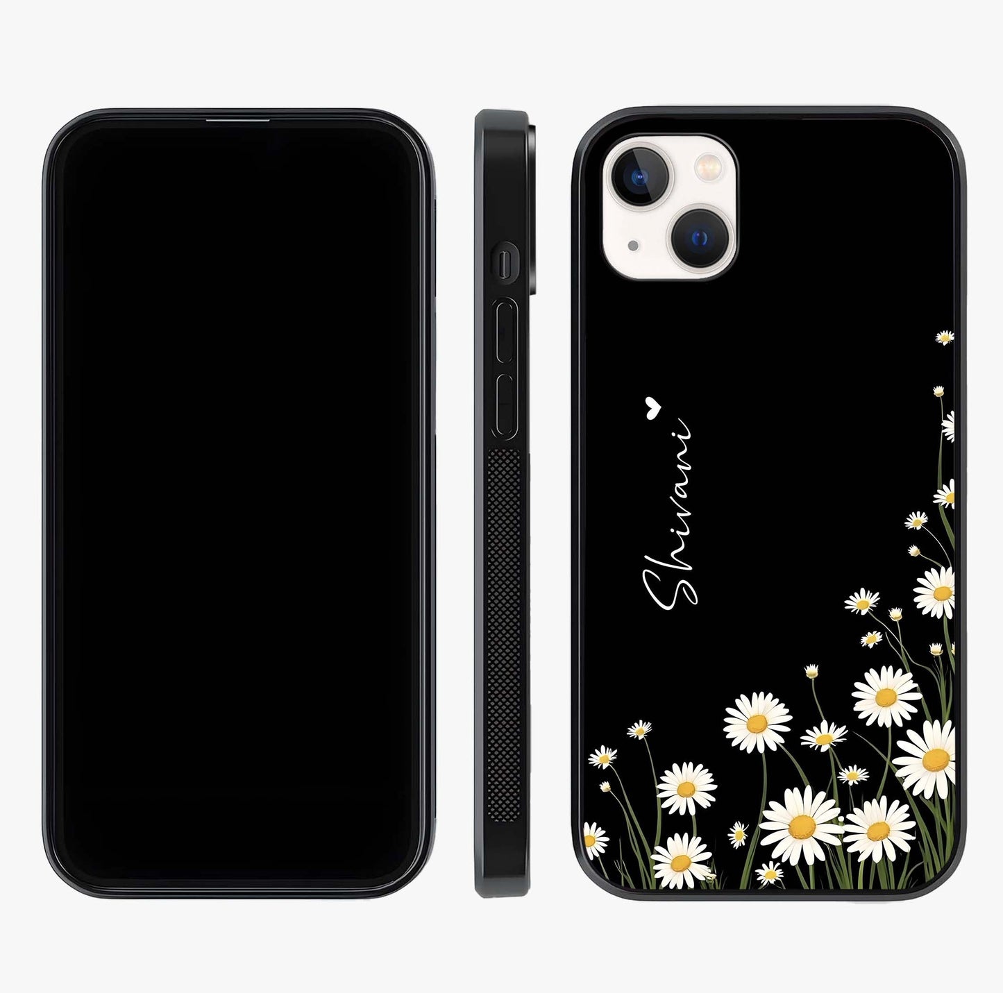 Daisy Cascade Custom Name Glass Case displayed upright for full design visibility and premium finish.