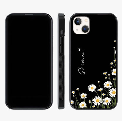 Daisy Cascade Custom Name Glass Case displayed upright for full design visibility and premium finish.