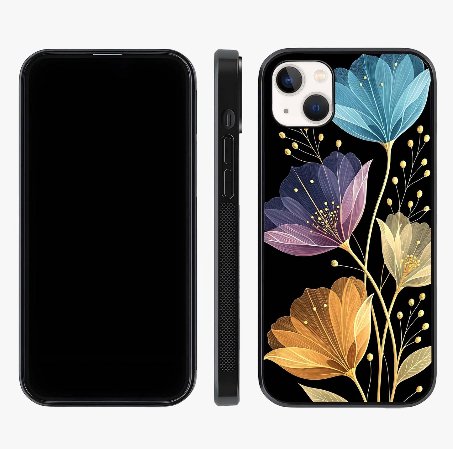 Delicate Multicolor Flowers Glass Case displayed upright for full design visibility and premium finish.