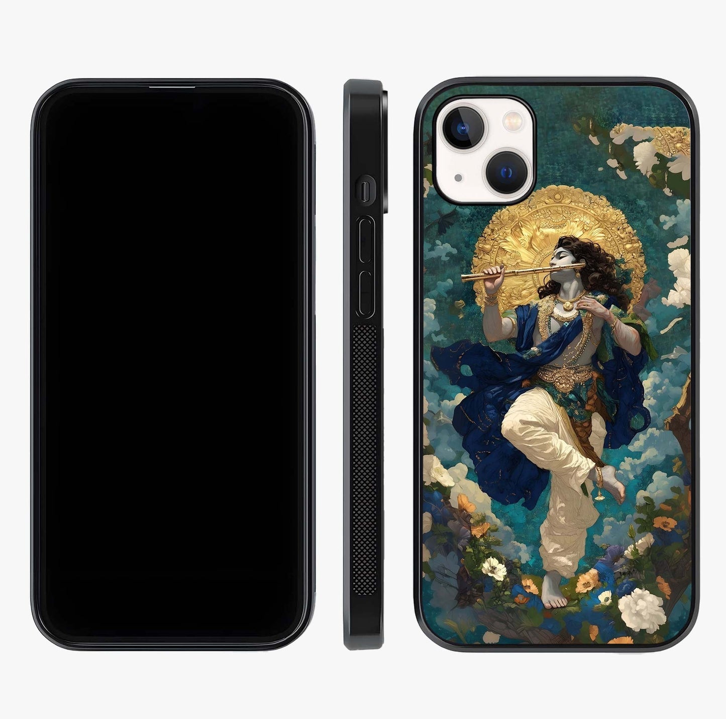 Divine Krishna Art Glass Case displayed upright for full design visibility and premium finish.