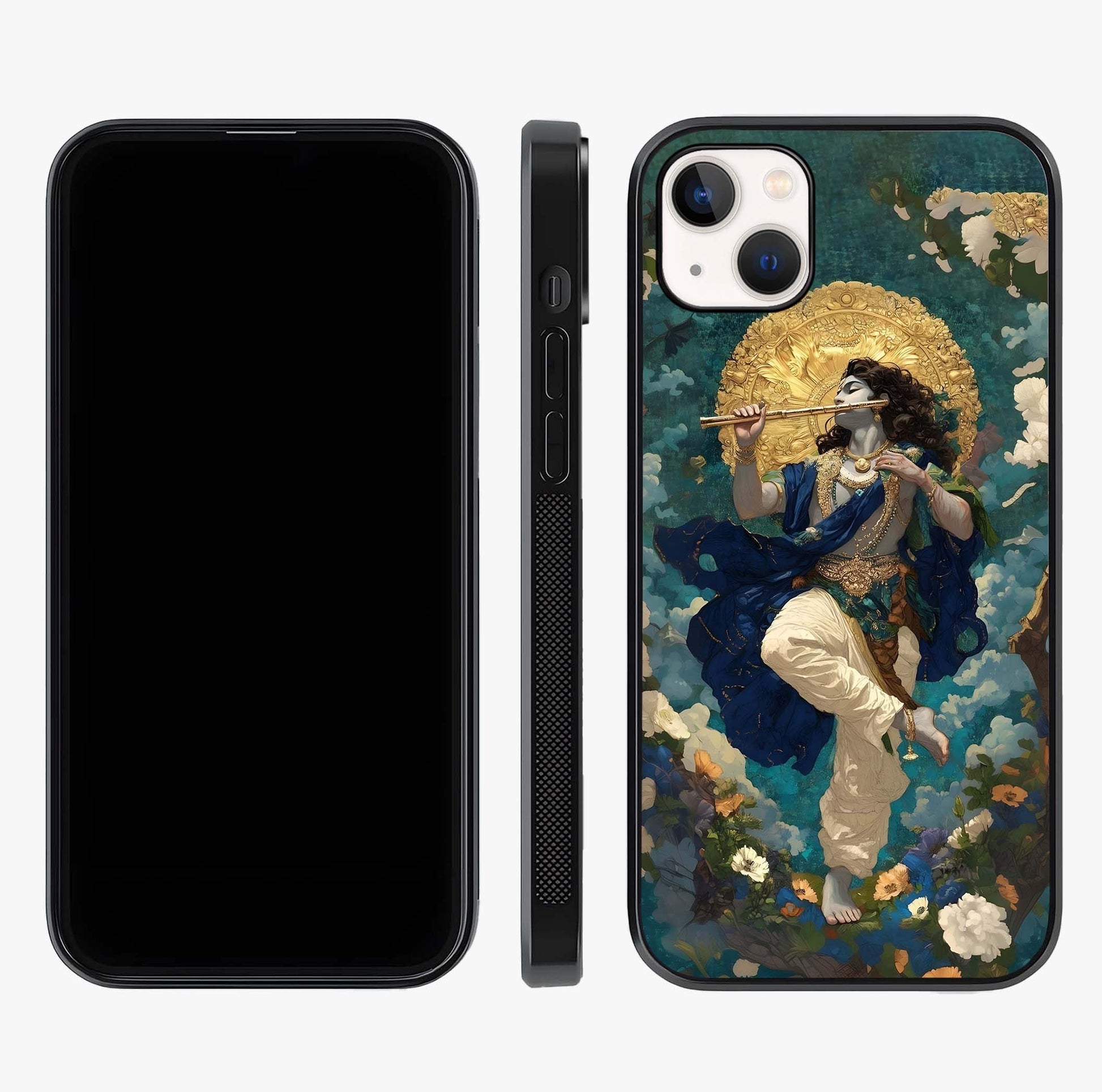 Divine Krishna Art Glass Case displayed upright for full design visibility and premium finish.