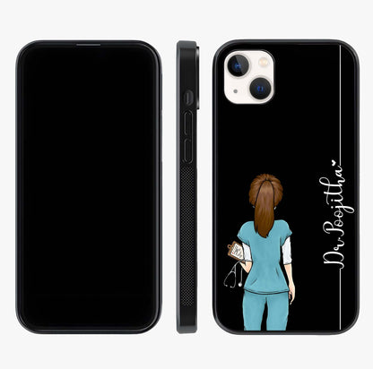 Doctor Pattern Custom Name Glass Case displayed upright for full design visibility and premium finish.