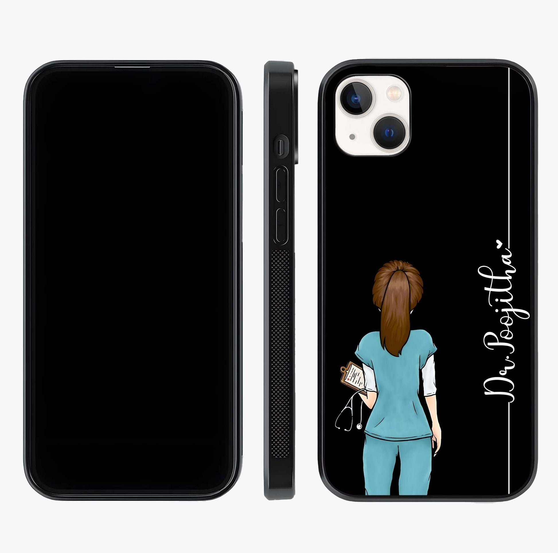 Doctor Pattern Custom Name Glass Case displayed upright for full design visibility and premium finish.