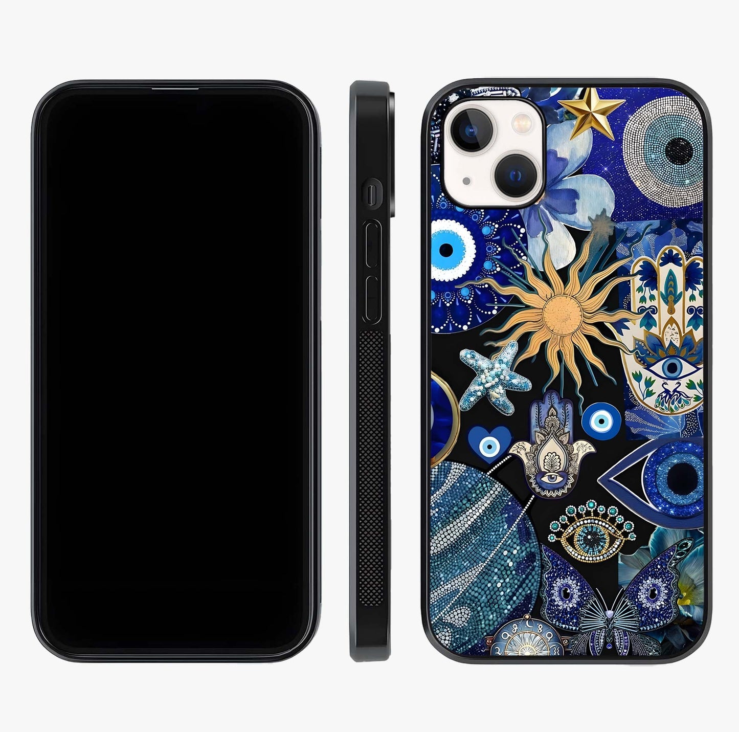 Evil Eye Charm Mix Glass Case displayed upright for full design visibility and premium finish.