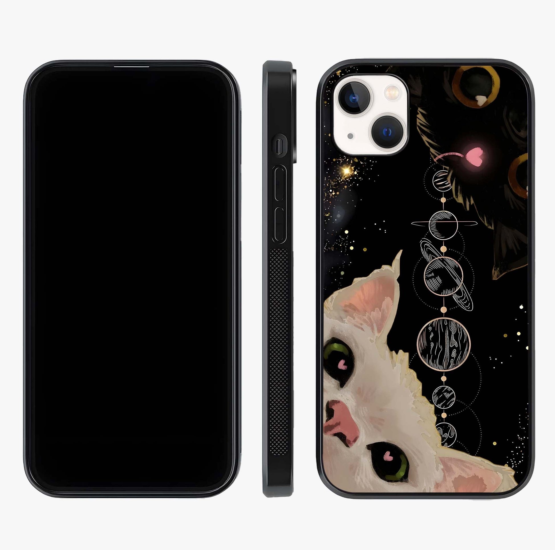 Galactic Cat Glass Case displayed upright for full design visibility and premium finish.
