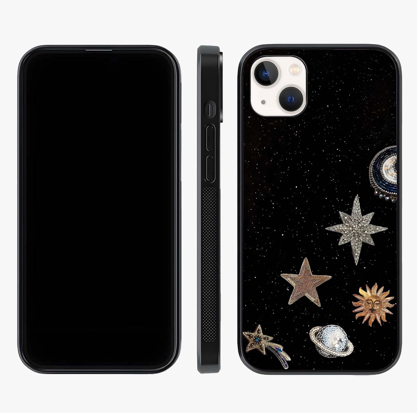 Galactic Charm Glow Glass Case displayed upright for full design visibility and premium finish.